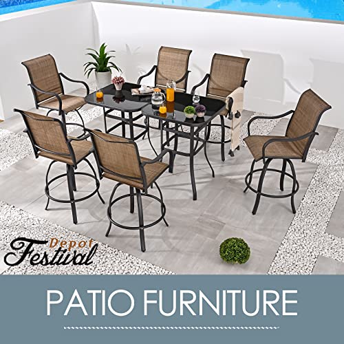 Festival Depot 8pcs Patio Dining Set Bar Height Stools Swivel Bistro Chairs with Armrest and Tempered Glass Top Table Metal Outdoor Furniture for Yard (6 Chairs,2 Table) (Brown) 