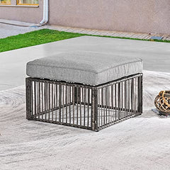 Festival Depot Wicker Patio Ottoman with Metal Footstool Thick Cushion, All-Weather Brown Rattan Waterproof Sectional Furniture for Balcony Garden Pool Lawn Backyard (Grey)
