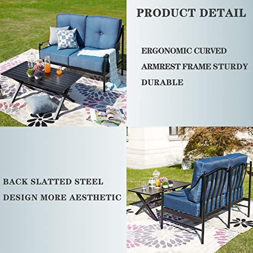 Festival Depot 2pcs Outdoor Furniture Patio Conversation Set Metal X Shaped Legs Coffee Table Loveseat Armchairs with Seat and Back Cushions Without Pillows for Lawn Beach Backyard Pool, Blue