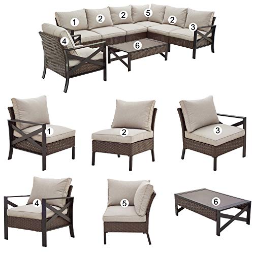 Festival Depot 8 Pcs Patio Outdoor Furniture Conversation Set Sectional Sofa with All-Weather Brown PE Rattan Wicker Back Chair, Coffee Table and Soft Thick Removable Couch Cushions