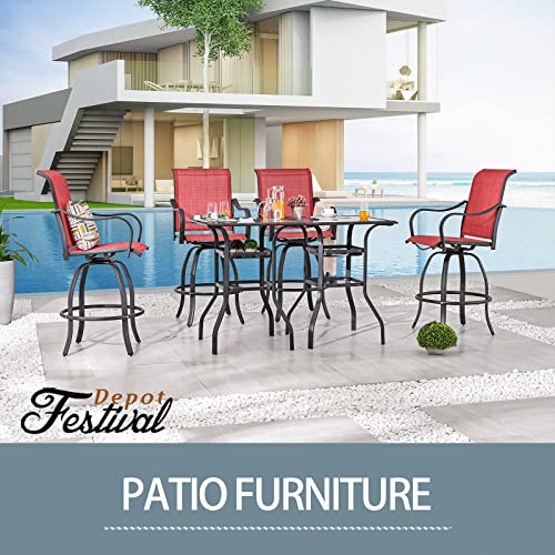 Festival Depot 3 Pcs Patio Bistro Bar Set High Stools Outdoor Furniture with 360° Swivel Armrest Chairs, Coffee Table with Tempered Glass Desktop, Metal Frame for Deck Poolside Garden Porch