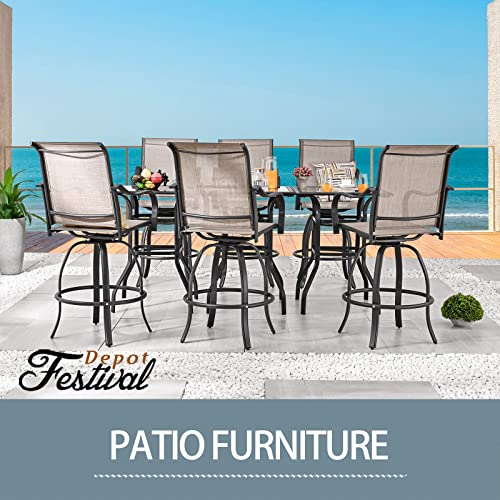 Festival Depot 3 Pcs Patio Bistro Bar Set High Stools Outdoor Furniture with 360° Swivel Armrest Chairs, Coffee Table with Tempered Glass Desktop, Metal Frame for Deck Poolside Garden Porch