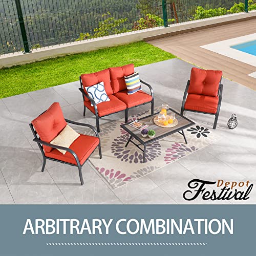 Festival Depot 5 Pcs Patio Conversation Set Sectional Sofa Chair Outdoor Furniture All-Weather Bistro Set with Armchair Left-arm&Right-arm Chair Side Coffee Table for Garden Porch Deck Backyard (Red)