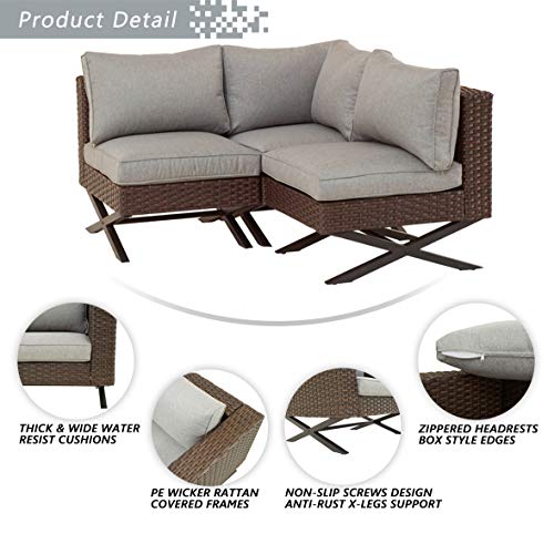 Festival Depot 3 Pieces Patio Conversation Set Sectional Corner Sofa Combination X-Shaped Legs Outdoor All-Weather Wicker Metal Armless Chairs with Seating Back Cushions Garden Deck Poolside