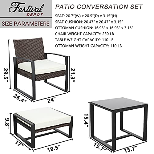 Festival Depot 5 Pieces Outdoor Furniture Patio All-Weather Rattan Conversation Set Armchair, Ottoman with Cushions and Coffee Table with Glass and Metal Frame for Garden Deck Poolside Balcony