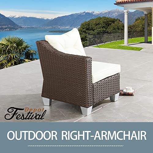 Festival Depot Patio Rattan Wicker Single Sofa Outdoor Sectional Chair with Removable Cushion Metal Frame All Weather Waterproof Furniture Seating for Garden Yard Lawn Pool (Beige)
