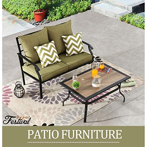 Modern Garden Metal Loveseat Set with Cushions and Coffee Table 