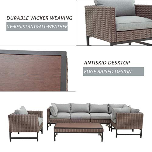 Festival Depot 7 Pieces Patio Outdoor Furniture Conversation Sets Sectional Corner Sofa, All-Weather Brown Manual Weaving Wicker Chairs with Side Coffee Table, Soft Thick Seating Couch Cushions (Grey) 