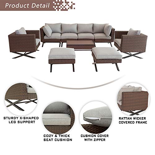 Festival Depot 9pcs Outdoor Furniture Patio Conversation Set Sectional Corner Sofa Chairs with X Shaped Metal Leg All Weather Brown Rattan Wicker Ottoman Coffee Table with Grey Seat Back Cushions 