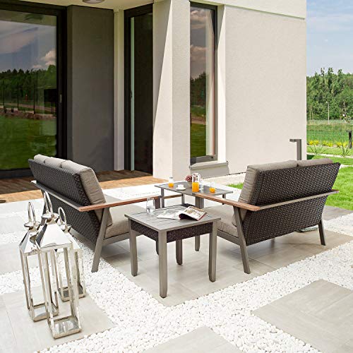 Festival Depot 4pcs Patio Conversation Set Wicker Armchair All Weather Rattan Loveseat 3-Seater Sofa with Thick Cushions and Side Coffee Table in Metal Frame Outdoor Furniture for Deck Garden