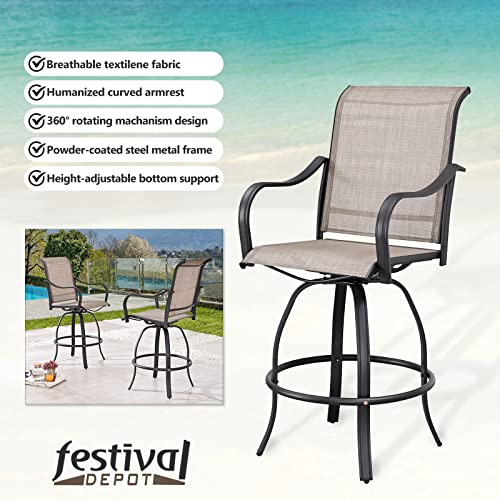 Festival Depot 11Pcs Bar Bistro Outdoor Patio Dining Furniture Sets High Stools 360° Swivel Chairs With Slatted Steel Curved Armrest Coffee Table Tempered Glass Desktop (8 Chairs,3 Table) 