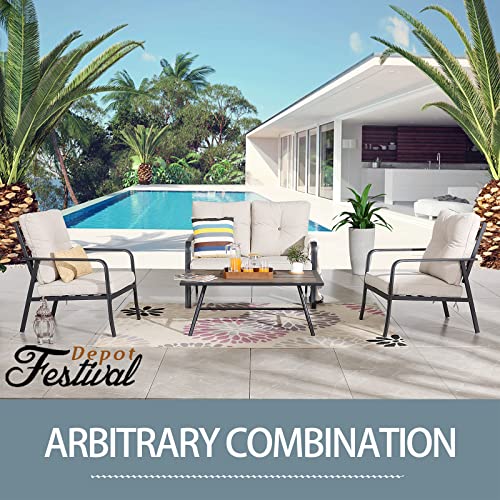 Festival Depot Patio Coffee Table Rectangle Side Table All-Weather Outdoor Furniture with Wood- Grain Desktop and Metal Frame for Porch Poolside Deck Garden (42.5" x 25.2" 17.5")