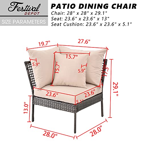 Festival Depot Patio Wicker Dining Chair, All-Weather Rattan Sectional Sofa Outdoor Furniture with Metal Frame Removable Seat & Back Cushion Pillow for Garden Pool Backyard Lawn (Beige)