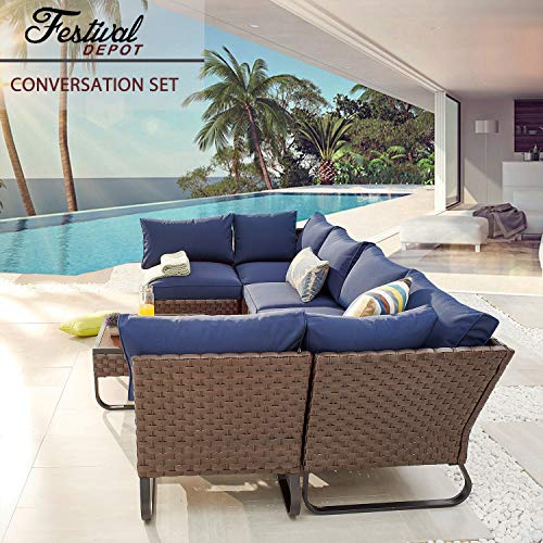 Festival Depot 7 Pieces Patio Outdoor Furniture Conversation Sets Sectional Corner Sofa with All-Weather PE Rattan Wicker Back Chair, Coffee Side Table and Soft Removable Couch Cushions (Blue) 