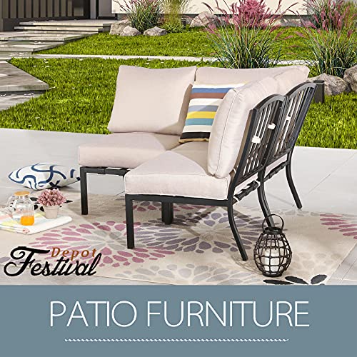 Festival Depot 3 Pieces Patio Conversation Set Sectional Corner Chair with Thick Cushions All Weather Metal Outdoor Furniture for Deck Porch Garden, Beige