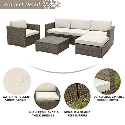 Festival Depot 6pcs Patio Furniture Set Outdoor Sectional PE Wicker Sofa Set Rattan Conversation Set with Coffee Table Ottoman and Washable Seat Cushions Beige and Grey
