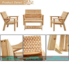 Festival Depot 4 Pieces Patio Furniture Outdoor Conversation Set Wood Armrest Loveseat Lounge Chair Stars and Strips Printing Dining Coffee Side Table