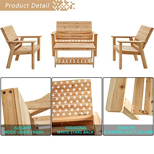 Festival Depot 2 Pieces Patio Furniture Outdoor Conversation Set Wood Armrest Loveseat Chair Stars and Strips Printing Dining Coffee Side Table 