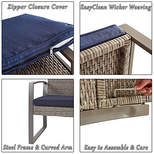 Festival Depot 5 Pieces Outdoor Furniture Patio All-Weather Rattan Conversation Set Armchair, Ottoman with Cushions and Coffee Table with Glass and Metal Frame for Garden Deck Poolside Balcony