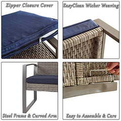 Festival Depot 5 Pieces Outdoor Furniture Patio All-Weather Rattan Conversation Set Armchair, Ottoman with Cushions and Coffee Table with Glass and Metal Frame for Garden Deck Poolside Balcony