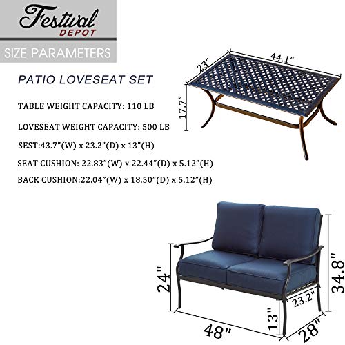 Festival Depot 2Pcs Patio Loveseat Set with Thick Cushions and Coffee Table Outdoor Metal Frame Seating Bench for Garden Bistro, Beige 