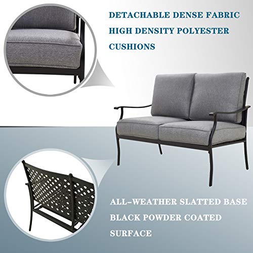 Festival Depot 4pc 4 Seats Patio Conversation Outdoor ArmChairs Loveseat Set with Coffee Table Fabric Metal Frame Furniture Garden Bistro Seating Thick Soft Cushions 