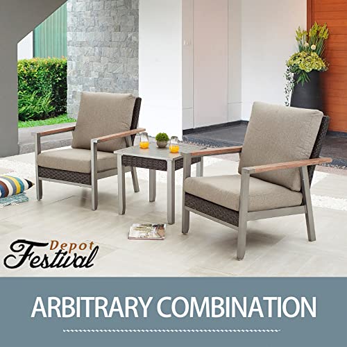 Festival Depot 2 Pcs Patio Dining with Chair Metal Frame Rattan Wicker Armchair and Cushions All Weather Outdoor Furniture for Backyard Garden, Dark Grey 