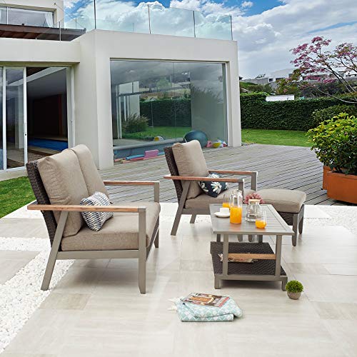Festival Depot 4pcs Patio Conversation Set All Weather Wicker Chair Rattan Ottoman Loveseat with Grey Thick Cushions and Coffee Table in Metal Frame Outdoor Furniture for Deck Poolside 