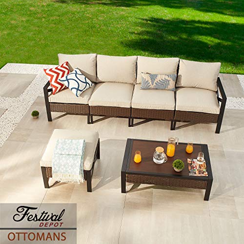Festival Depot Patio Ottoman Footstool Outdoor Furniture with Wicker Rattan, X Shape Slatted Steel Frame Foot Rest with Premium Fabric Soft Cushion Square for Garden Yard Lawn All-Weather 