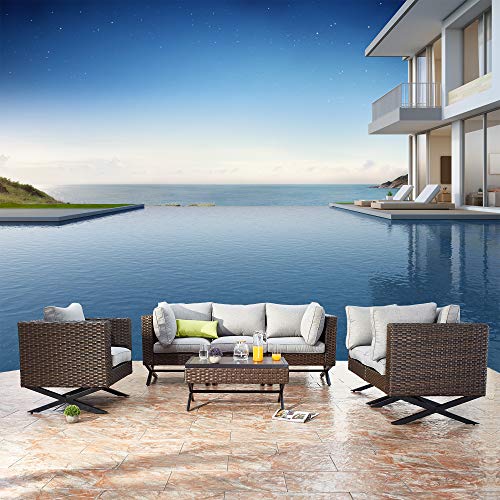Festival Depot 7pcs Outdoor Furniture Patio Conversation Set Sectional Corner Sofa Chairs with X Shaped Metal Leg All Weather Brown Rattan Wicker Rectangle Coffee Table with Grey Seat Back Cushions