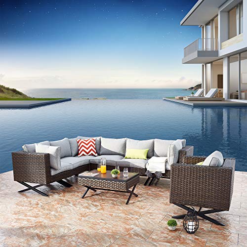Festival Depot 8pcs Outdoor Furniture Patio Conversation Set Sectional Corner Sofa Chairs with X Shaped Metal Leg All Weather Brown Rattan Wicker Rectangle Coffee Table with Grey Seat Back Cushions
