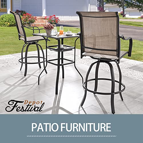 Festival Depot 3 Pcs Patio Bistro Bar Set High Stools Outdoor Furniture with 360° Swivel Armrest Chairs, Coffee Table with Tempered Glass Desktop, Metal Frame for Deck Poolside Garden Porch