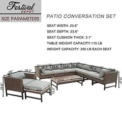 Festival Depot 10 Pieces Patio Conversation Set Outdoor Furniture Combination Sectional Corner Sofa Set All-Weather Woven Wicker Metal Chair with Cushions Side Coffee Table Ottoman, Gray