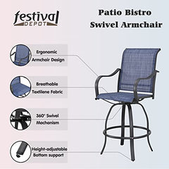 Festival Depot 2pcs Bar Bistro Outdoor Patio Dining Furniture Chairs Textilene High Stools 360° Swivel Chairs with Steel Curved Armrest with Metal Steel Frame Legs for Lawn Garden Poolside All-Weather