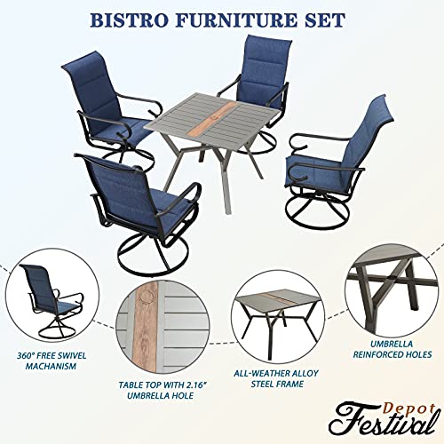 Festival Depot 5 Pieces Patio Dining Conversation Set, Outdoor Furniture 4 Swivel Bistro Armrest Chair & 1 Square Metal Table with 2.16" Umbrella Hole for Deck Poolside Porch Backyard (Blue)