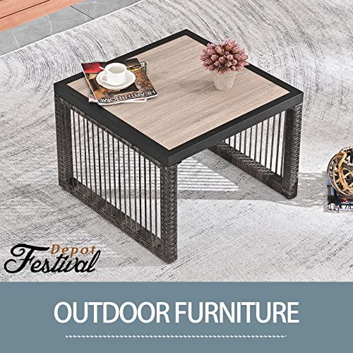 Festival Depot Wicker Patio Side Table All-Weather Metal Square Dining Coffee Table Waterproof Outdoor Sectional Furniture with DPC Desktop for Bistro Balcony Garden Pool Lawn Backyard