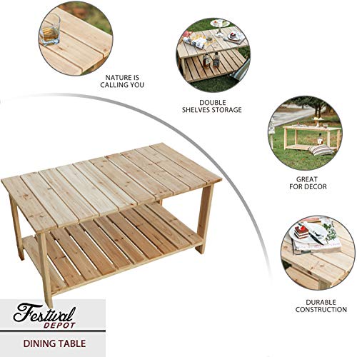Festival Depot Natural Wood Outdoor Furniture Adirondack Patio Bistro Rectangle Dining Wooden Table Top with Steel Legs 2-Shelf Storage 37. 5"(L) x 20. 1"(W) x 18. 5"(H),Wood Color