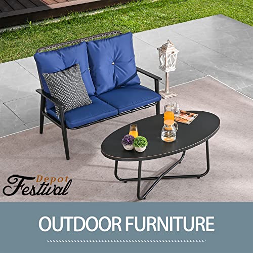 Festival Depot 2 Pcs Patio Bistro Set PE Wicker Conversation Set, Outdoor Furniture Loveseat Armchair with Cushions Metal Coffee Table for Backyard Porch Balcony Outside Poolside Lawn (Blue)