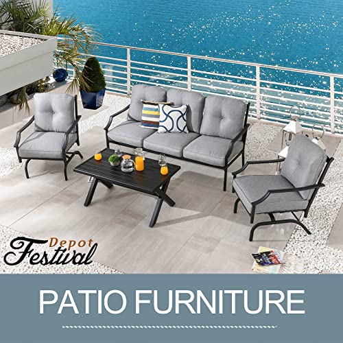 Festival Depot 4 Pieces Patio Conversation Set Outdoor Furniture Set (3-Seats Loveseat, 2 Armchairs and 1 Coffee Table) with Metal Frame and Cushions for Garden Poolside Backyard Deck