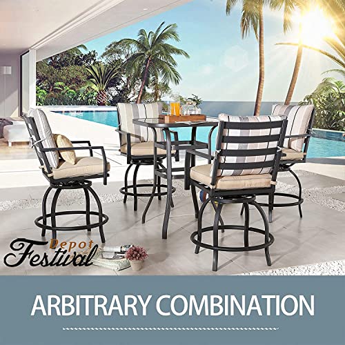 Festival Depot 5 Pcs Outdoor Furniture Bar Stools Set of 4 Swivel Chairs with Cushions and 1 High Bistro Tables with Tempered Glass Tabletop in Metal Frame (Beige)