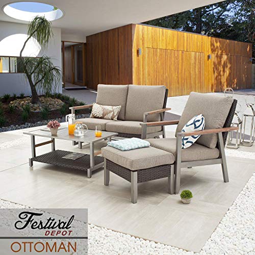 Festival Depot Patio Ottoman Rattan Wicker Footstool with Thick Cushion Metal Foot Rest Outdoor Furniture for Garden Yard Lawn All Weather