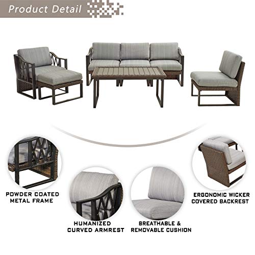 Festival Depot 7pcs Outdoor Furniture Patio Conversation Set Sectional Sofa Chairs Couch Brown All Weather Wicker Ottoman Coffee Table with Seat Back Thick Grey Cushions, Black 