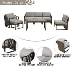 Festival Depot 7pcs Outdoor Furniture Patio Conversation Set Sectional Sofa Chairs Couch Brown All Weather Wicker Ottoman Coffee Table with Seat Back Thick Grey Cushions, Black