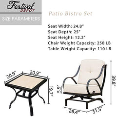 Festival Depot 3-Piece Outdoor Patio Dining Chairs Set Garden Bistro Square Metal Table and Seating Set with Thick Cushions