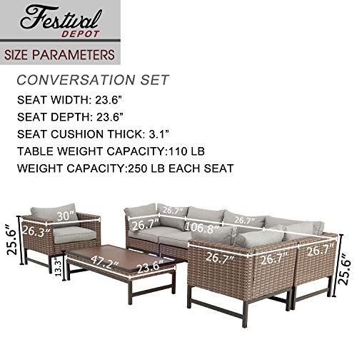 Festival Depot 7 Pieces Patio Outdoor Furniture Conversation Sets Sectional Corner Sofa, All-Weather Brown Manual Weaving Wicker Chairs with Side Coffee Table, Soft Thick Seating Couch Cushions (Grey) 