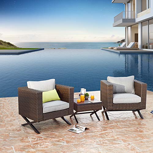 Festival Depot 3-Piece Bistro Outdoor Patio Furniture Conversation Set Wicker Rattan Armrest Chairs with 3.1" Soft&Deep Cushion Square Wood Grain Top Side Coffee Table with X Shaped Slatted Steel Legs