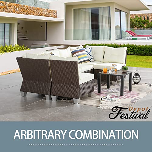 Festival Depot 7 Pcs Patio Conversation Set Outdoor Furniture Combination Sectional Sofa All-Weather PE Wicker Metal Armchairs with Seating Back Cushions Side Coffee Table (Beige) 