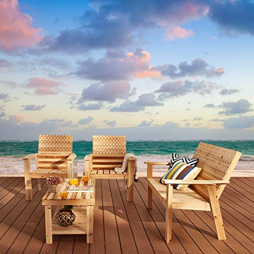 Festival Depot 4 Pieces Patio Furniture Outdoor Conversation Set Wood Armrest Loveseat Lounge Chair Stars and Strips Printing Dining Coffee Side Table
