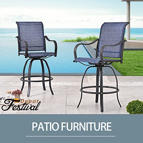 4-Piece Blue 27.6" Bar Height Textilene Swivel Stool Armrests Dining Chairs for Outdoor Bistro Elegance 