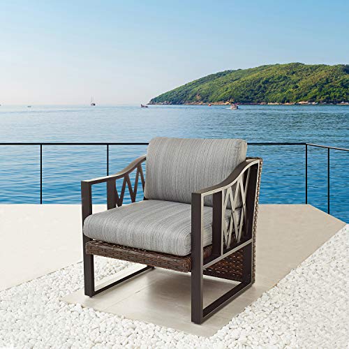 Festival Depot Dining Outdoor Patio Bistro Furniture Armchairs Wicker Rattan Premium Fabric Soft 5.5" Cushions with Metal Steel Frame Leg for Garden Poolside All-Weather 28.5"(D) x 28.1"(W) x 28.4"(H)